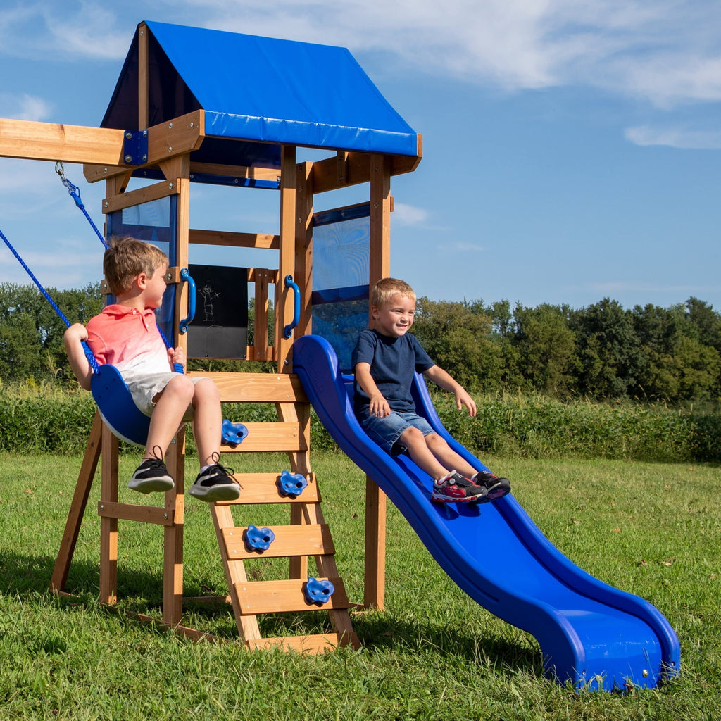 Backyard Discovery Aurora Cedar Wood Swing Set, Wave Slide, Play Deck, Rock Wall Ladder