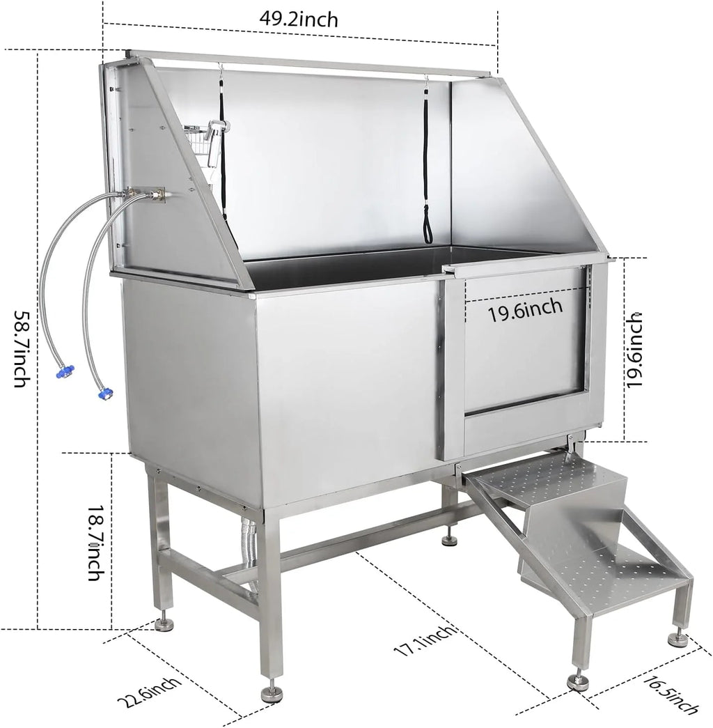 Cuisinaid Dog Grooming Tub, 50 in Stainless Steel With Ramp, Faucet, Sprayer, Drain Kit, Right Door