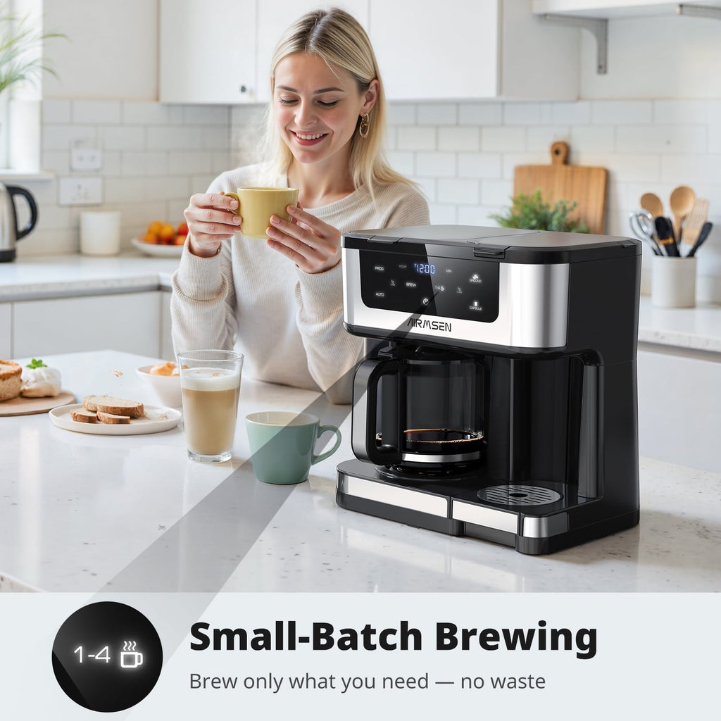 AIRMSEN 12-Cup Drip Coffee Maker with K Cup Combo, Programmable Coffee Machine with 1-4 Cup Setting, Single Serve or Coffee Pot, Auto Shut-off, Spill