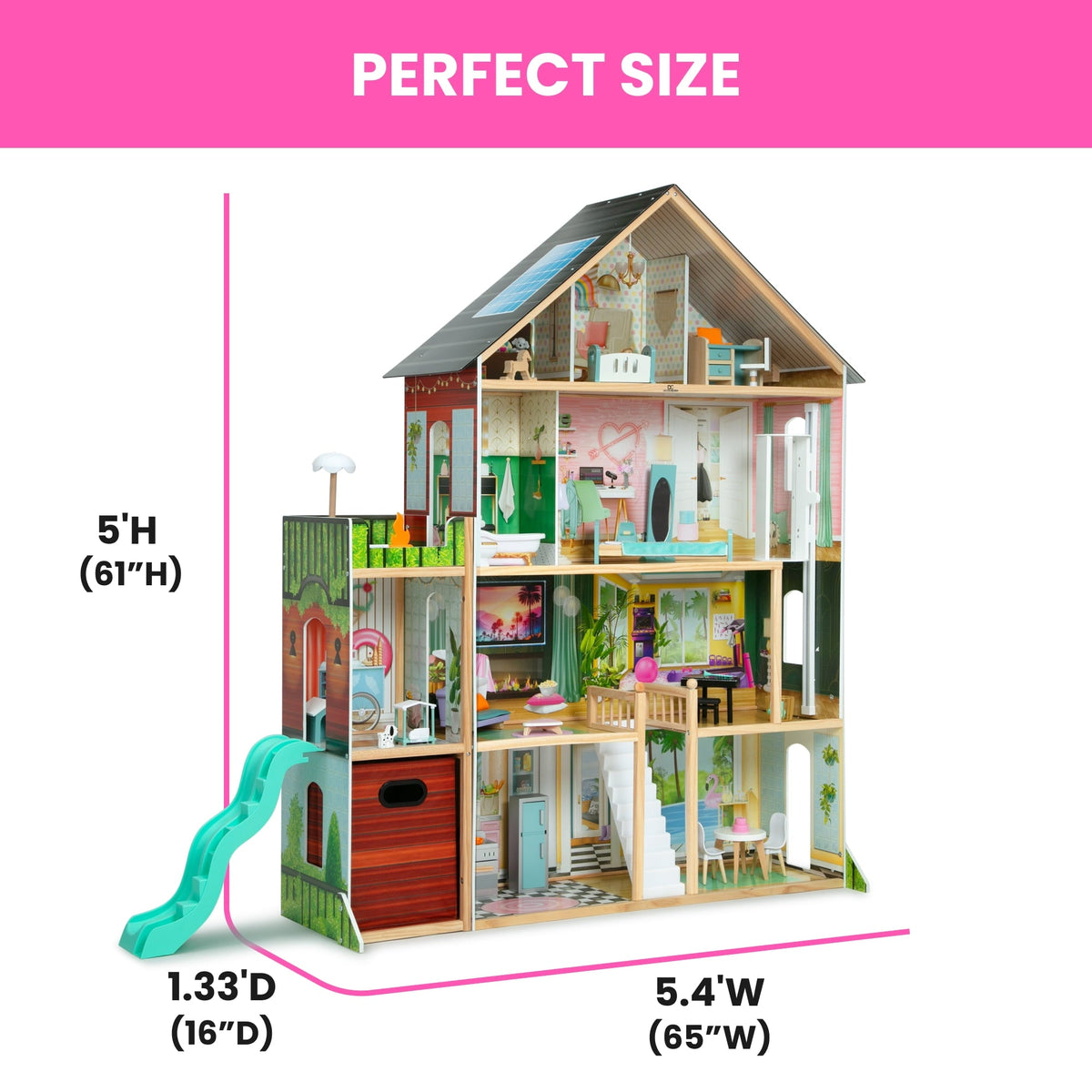 Delta Children Deluxe Maui Dollhouse with 50 Accessories - Large Wooden 4-Story Dollhouse with 12 Rooms - Working Elevator, Slide, Lights/Sounds