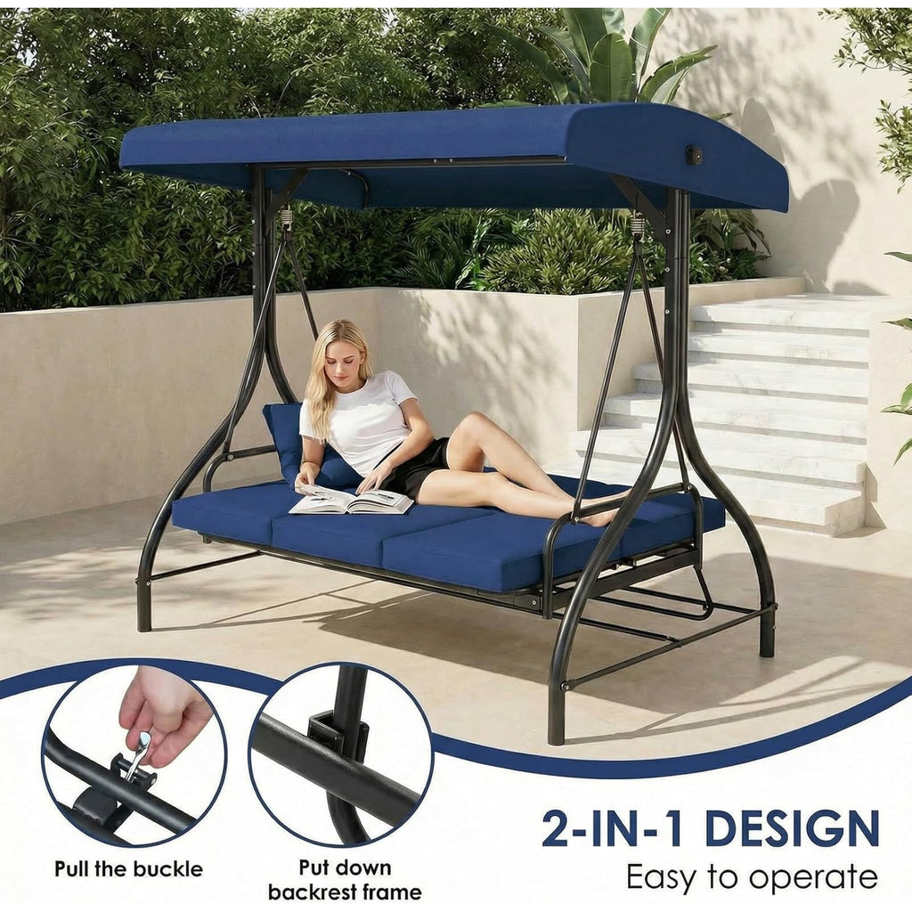 Arlopu 3-Seat Patio Swing Chair, Outdoor Converting Canopy Swing Glider Patio Hammock w/ Removable Cushions, Blue