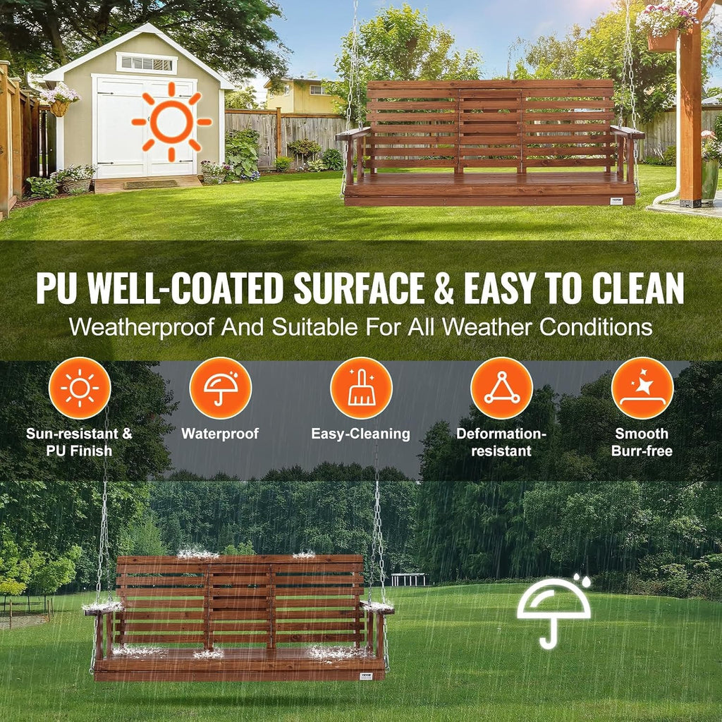 VEVOR Wooden Porch Swing 5 ft, Patio Bench Swing for Courtyard & Garden, Upgraded 880 lbs Strong Load Capacity, Heavy Duty Swing Chair Bench with