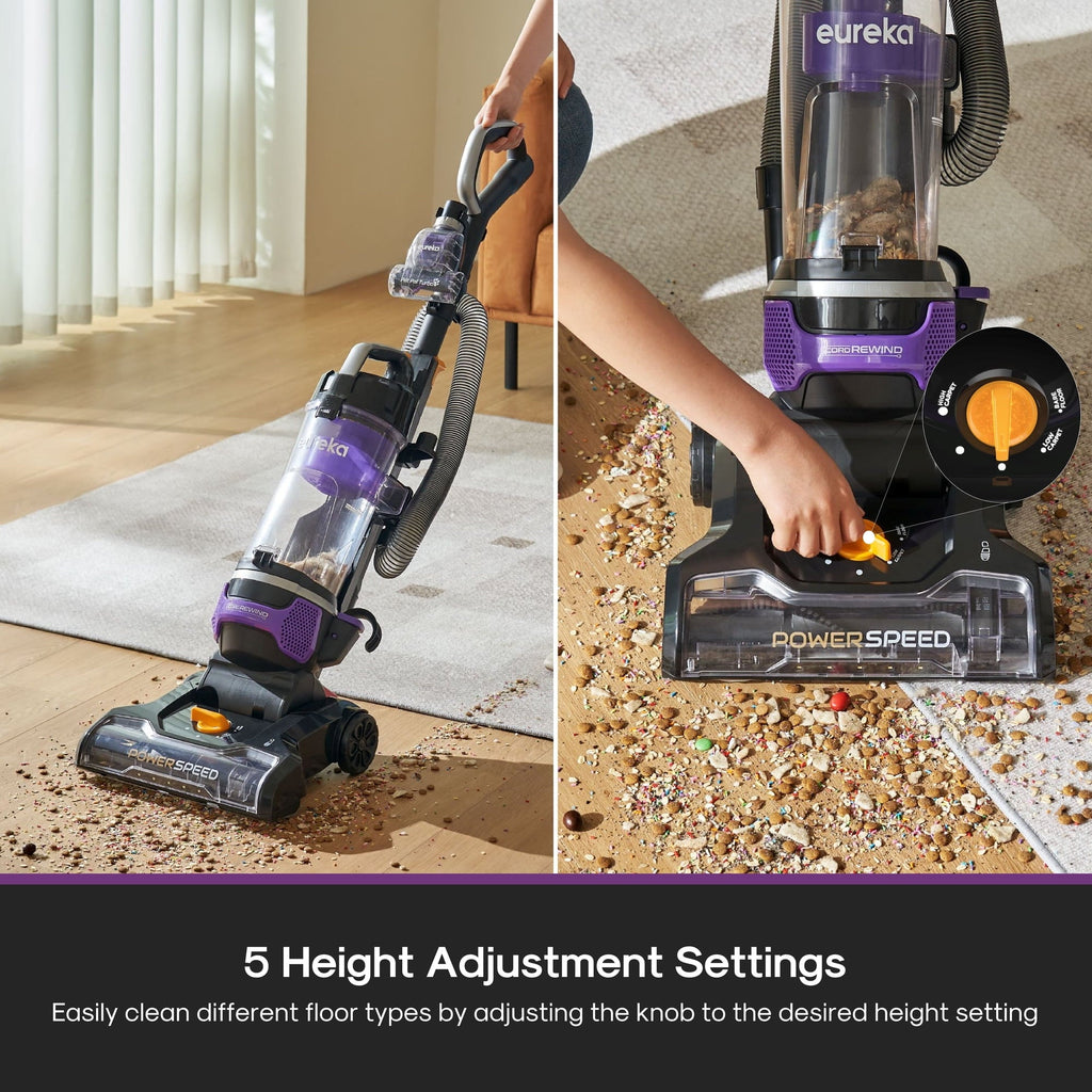 Eureka PowerSpeed Multi-Surface Upright Vacuum Cleaner with Cord Rewind, Turbo Pet Tool, Crevice Tool, Dusting Brush and Upholstery Brush, Purple