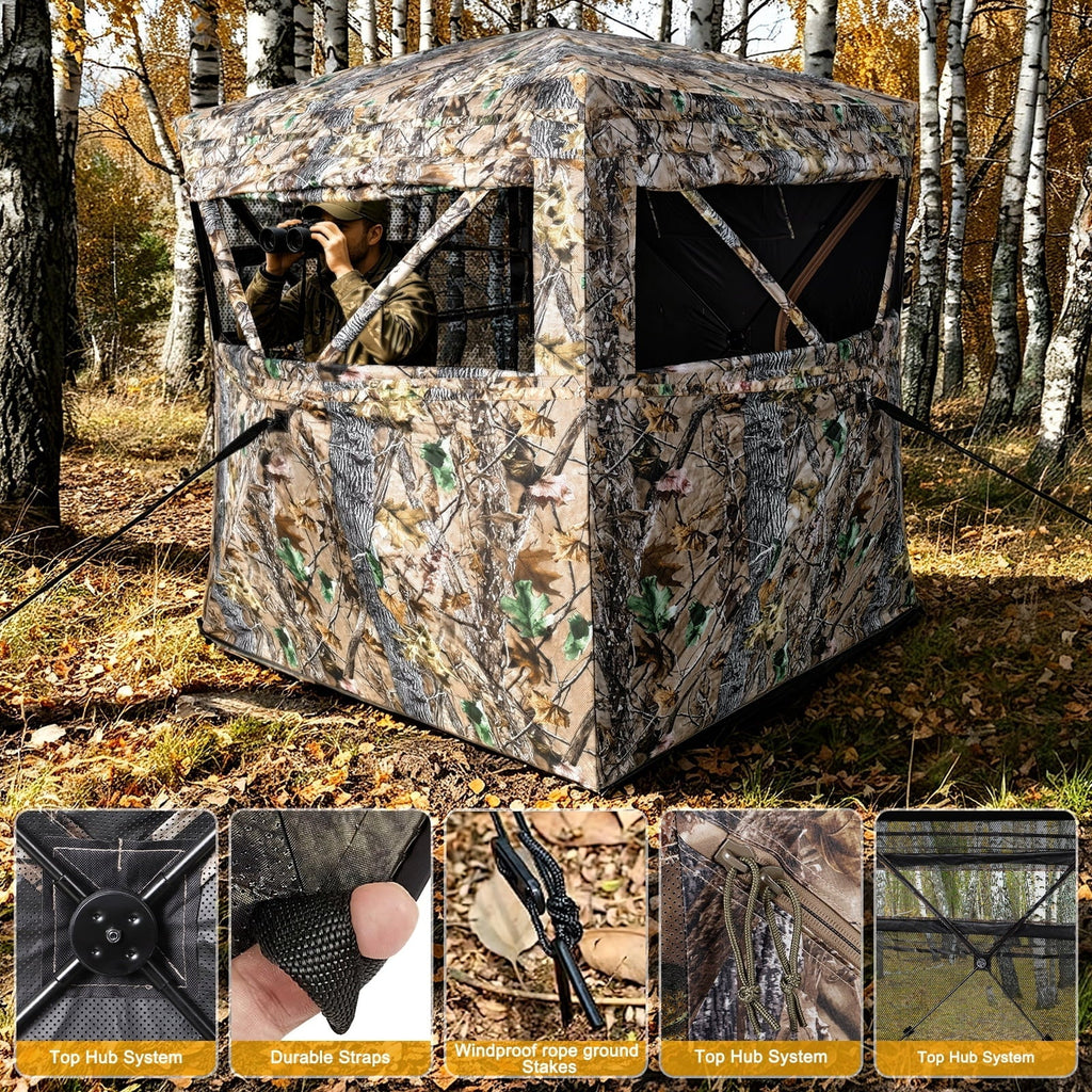 GIKPAL Portable 2-3 Person 270 Degree See Through Hunting Blind Pop-Up Ground Blind with Tie-downs & Carrying Bag for Deer, Duck and Turkey Hunting