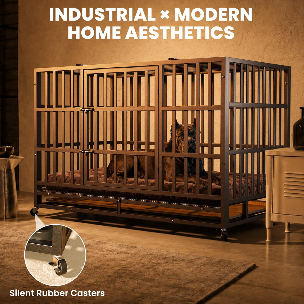 YOKWOK 48 Inch Heavy Duty Dog Crate, Indestructible Steel Chew & Escape Proof Dog Cage for Large High Anxiety Dogs, XL Metal Dog Kennel with Locking