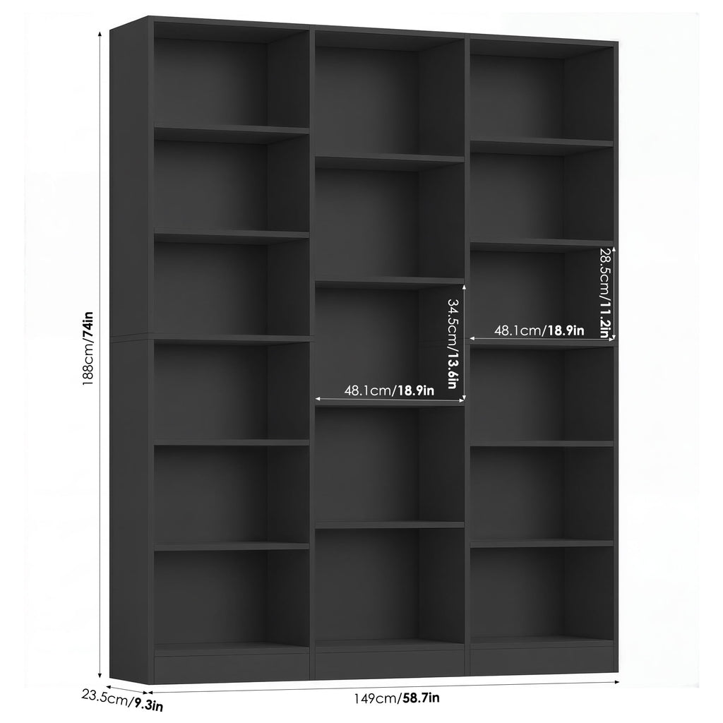 Homfa Triple Row 6-tier Bookshelf, 74 in Tall Bookshelf with 17 Open Display Shelves, Large Bookcase for Office Living Room, Black
