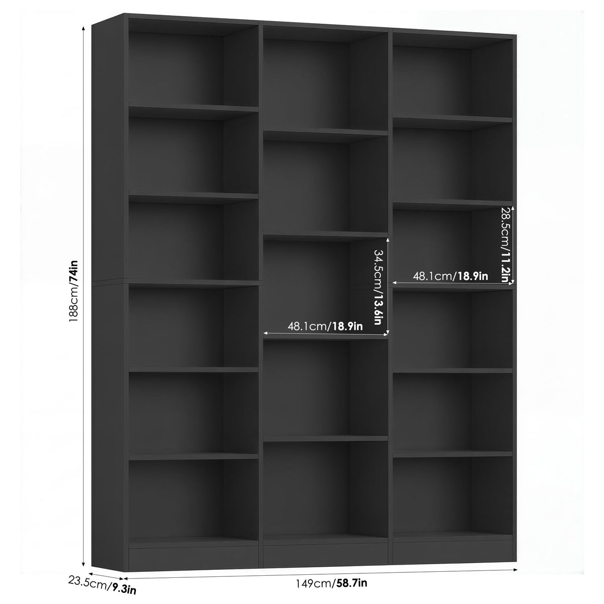 Homfa Triple Row 6-tier Bookshelf, 74 in Tall Bookshelf with 17 Open Display Shelves, Large Bookcase for Office Living Room, Black