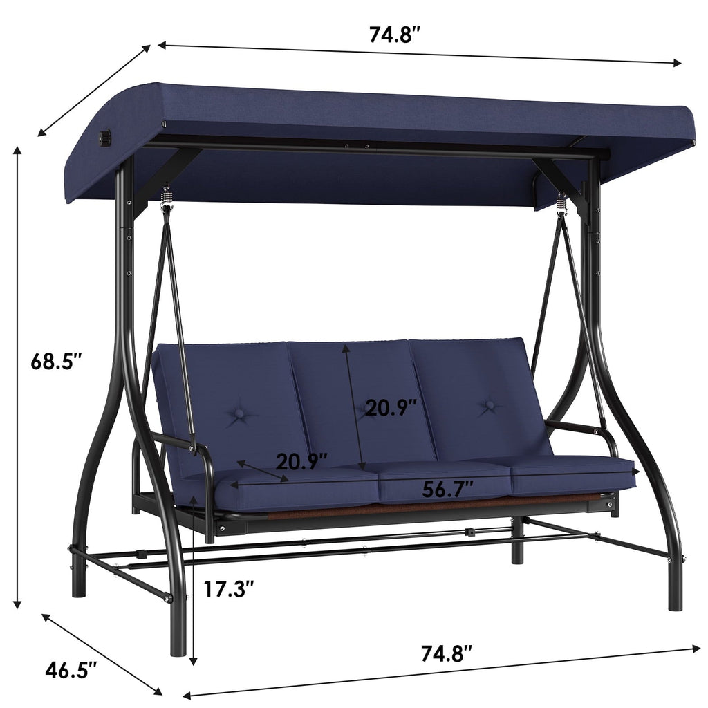 Arlopu 3-Seat Patio Swing Chair, Outdoor Converting Canopy Swing Glider Patio Hammock w/ Removable Cushions, Blue