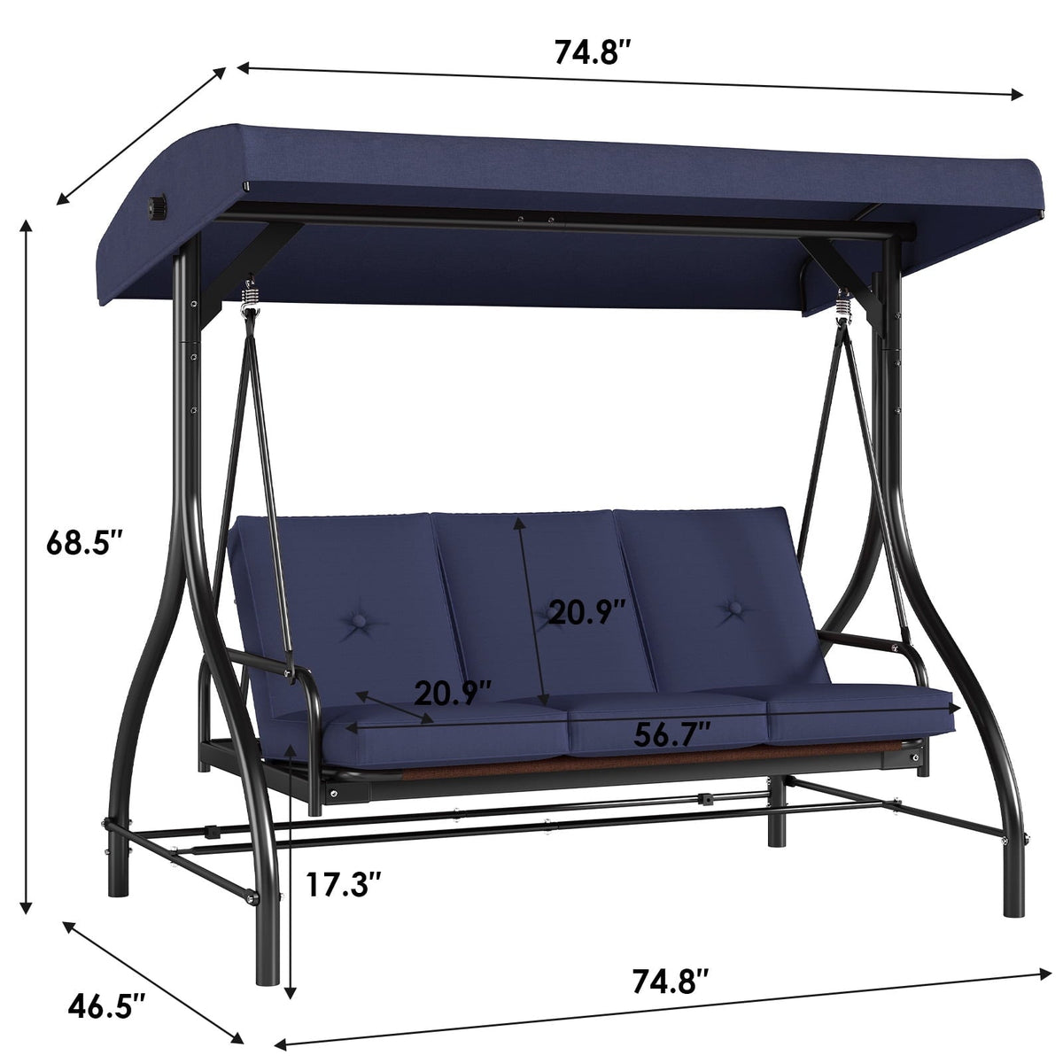 Arlopu 3-Seat Patio Swing Chair, Outdoor Converting Canopy Swing Glider Patio Hammock w/ Removable Cushions, Blue