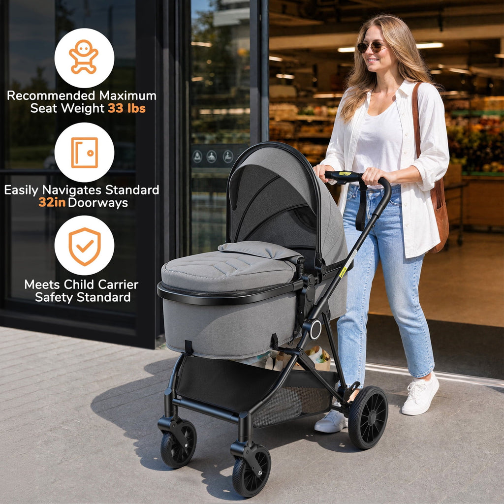 Vomeast Baby Stroller, Foldable Lightweight Travel Stroller, Reversible Seat, 5-Point Harness, Adjustable Canopy, Gray