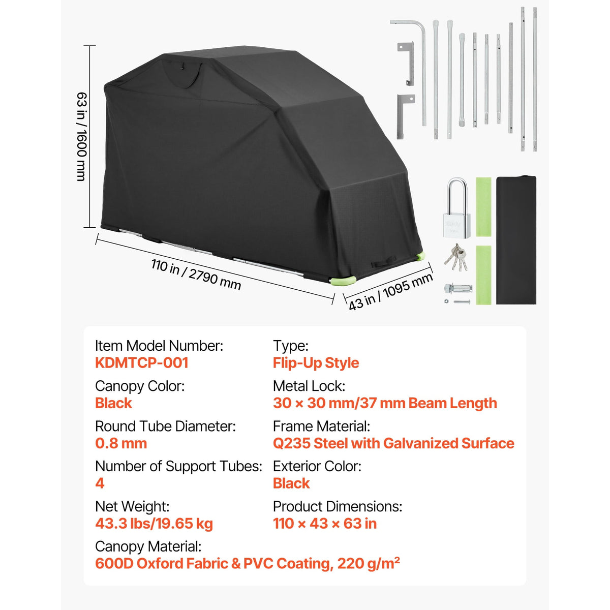 KFFKFF Motorcycle Storage Shelter with Security Lock, 600D Oxford Flip-Up Garage Tent, Durable All-Weather Cover with Ventilation Windows, 110 x 43 x