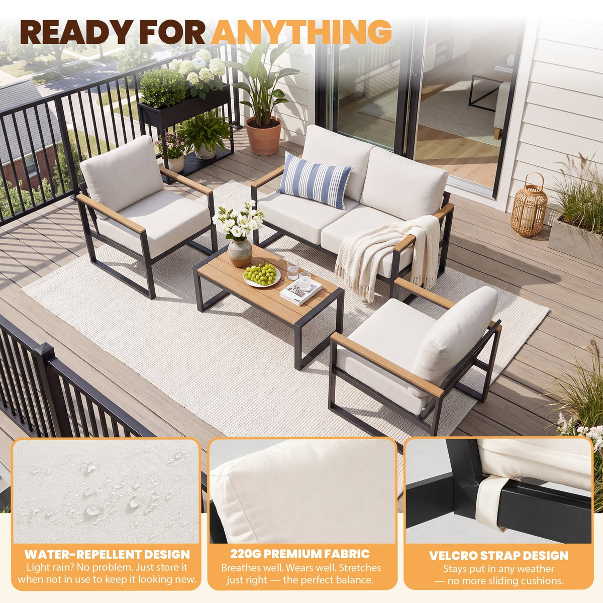 Clouddwell 4-Piece Patio Conversation Set, Heavy-Duty Metal Outdoor Furniture, Loveseat for Deck, Porch, Balcony (Beige)