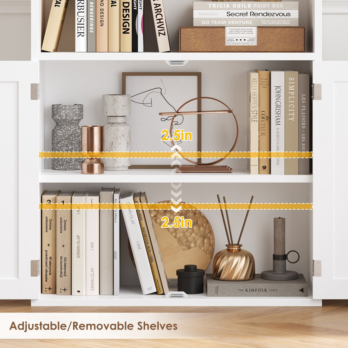 Hiphuta 82.3" Tall Bookcase with Doors, 5-Tier Bookshelves with Storage, 23.6"W Display Shelf with 2 Doors for Home Office, Living Room, White