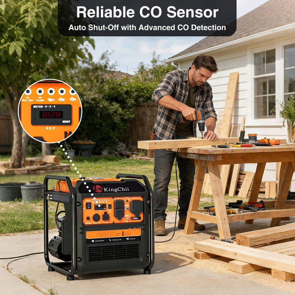 KingChii 4500W Inverter Generator Gas Powered, CO Sensor, ECO Mode, 30A RV Ready Outlet, Portable Outdoor Power Equipment for Camping & Home Backup
