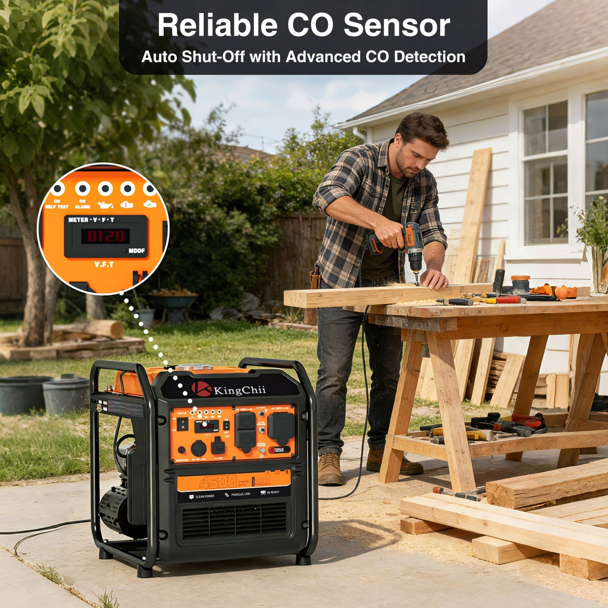 KingChii 4500W Inverter Generator Gas Powered, CO Sensor, ECO Mode, 30A RV Ready Outlet, Portable Outdoor Power Equipment for Camping & Home Backup