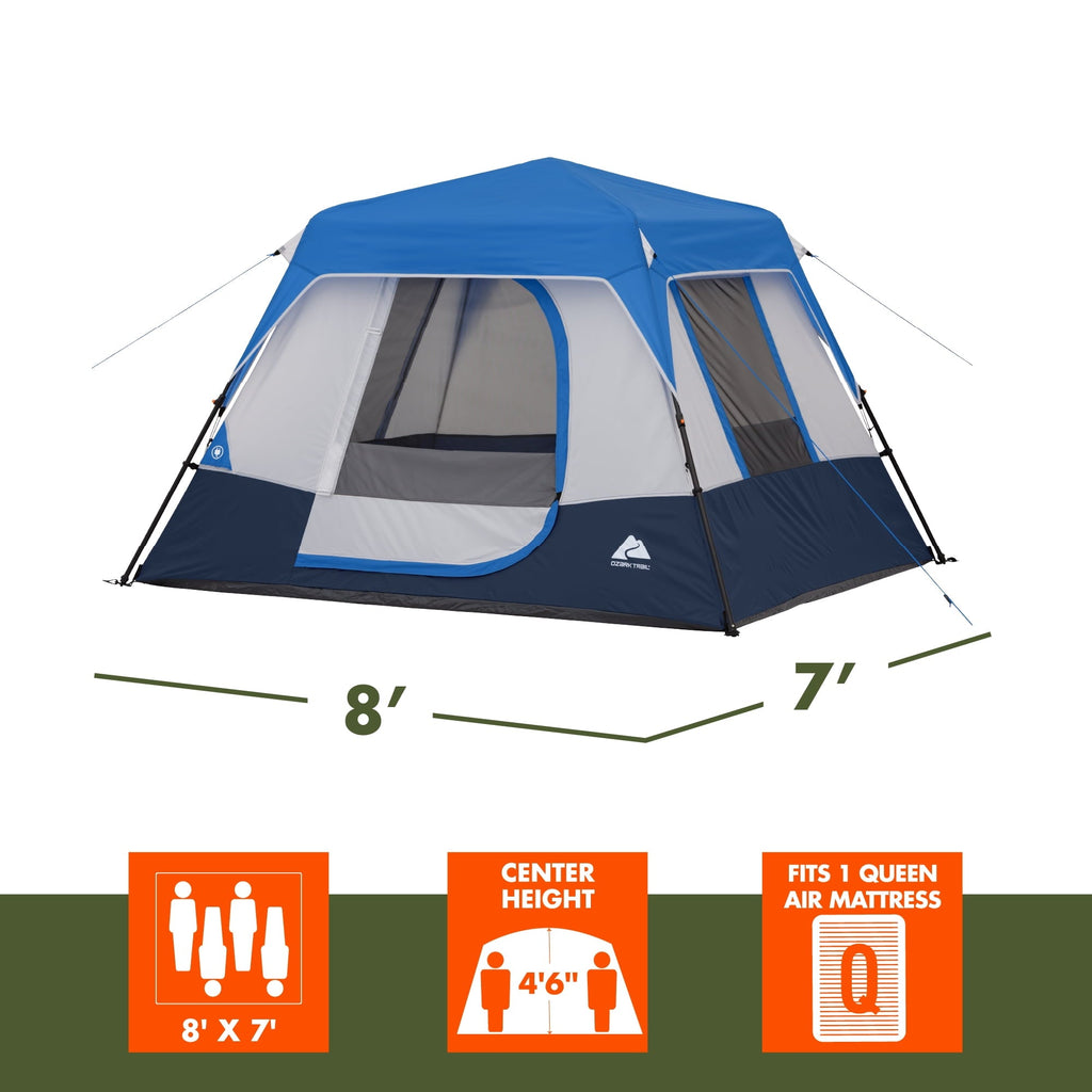 Ozark Trail 8 ft x 7 ft 4-Person Instant Cabin Tent with LED Lighted Hub, Blue/Gray, 19 lb