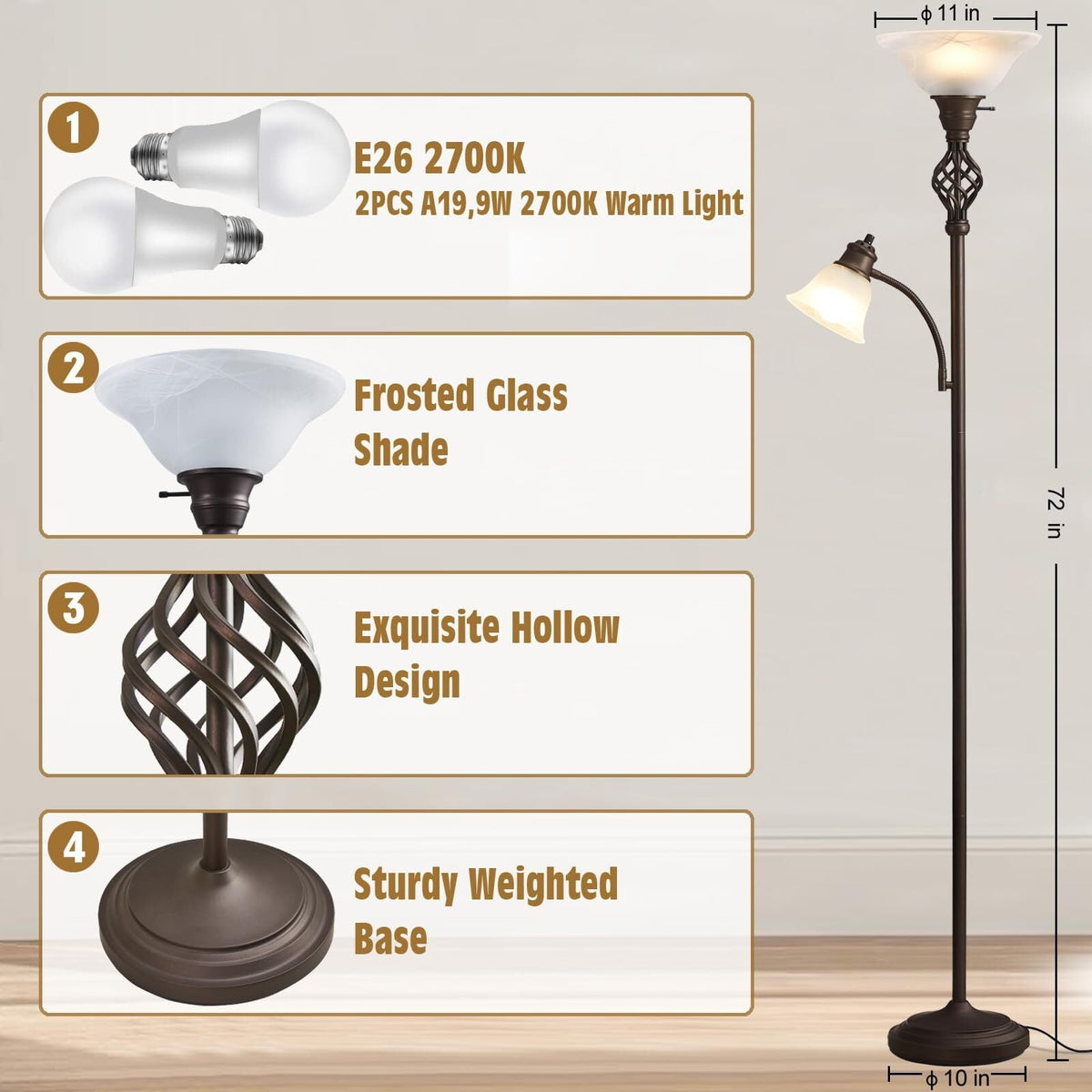 NATYSWAN Torchiere Floor Lamp for Living Room, LED Standing Reading Light for Bedroom with Glass Shade for Living Room Corner Bedroom Home Office