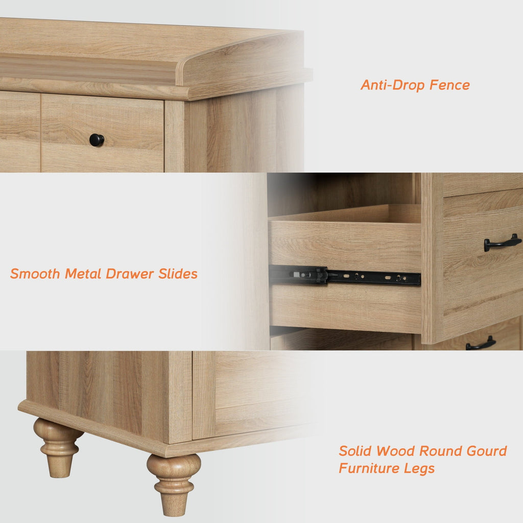 3 Piece Dresser and Nightstand Sets, Farmhouse Dresser with 6 Drawers, Set of 2 Night Stands with Charging Staion, 3 Piece Bedroom Set, Oak