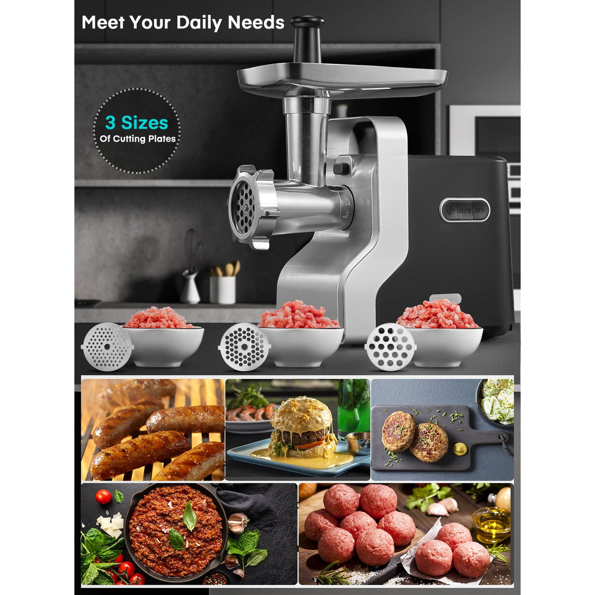 HOUSNAT Meat Grinder for Home Use, 3000W Max Heavy Duty Electric Meat Grinders, 5 in 1 Sausage Stuffer, 3 Stainless Steel Grinding Plates, 5