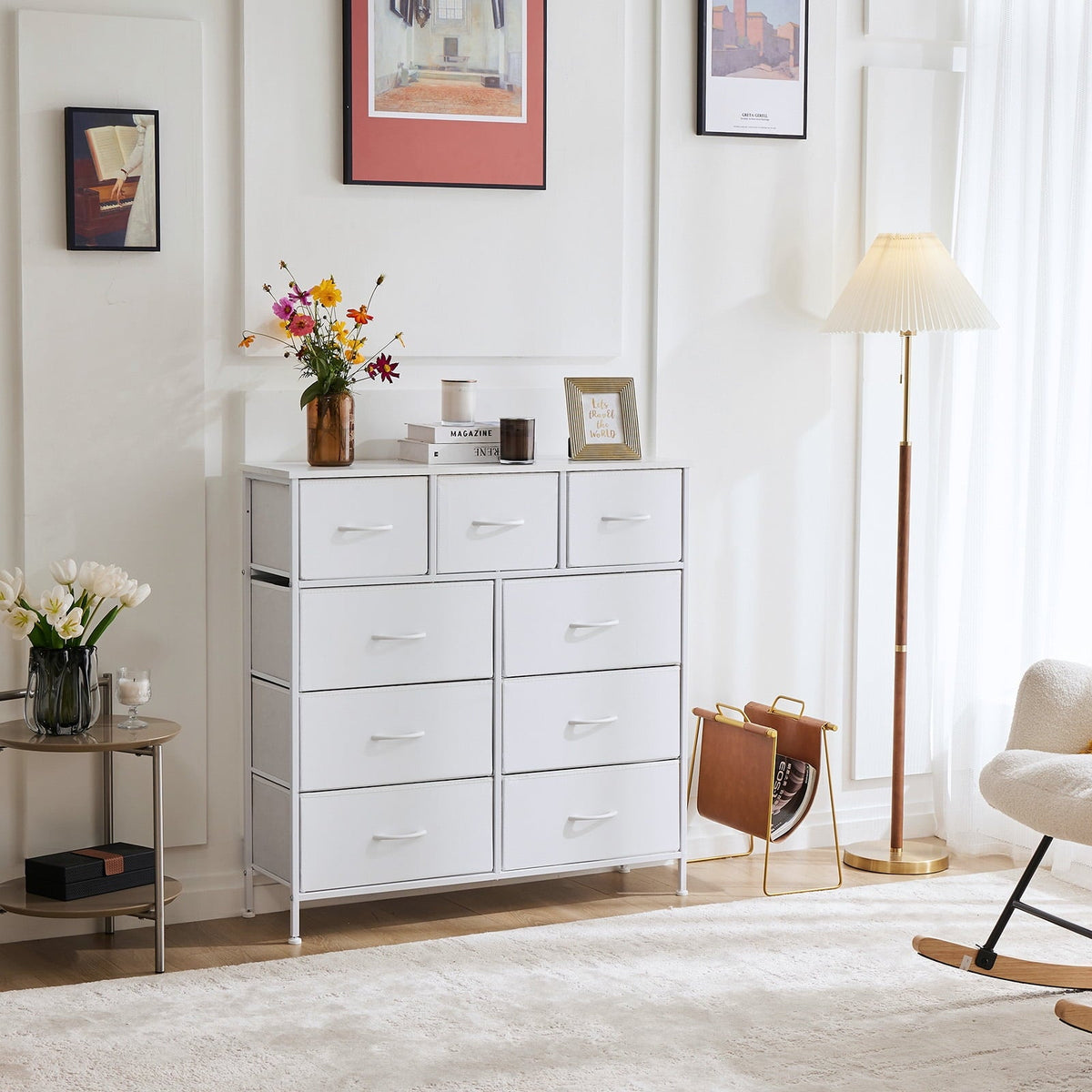 edx Fabric Storage Dresser with 9 Drawers, Steel Frame and Wooden Top for Bedroom, Closet and Entryway , White