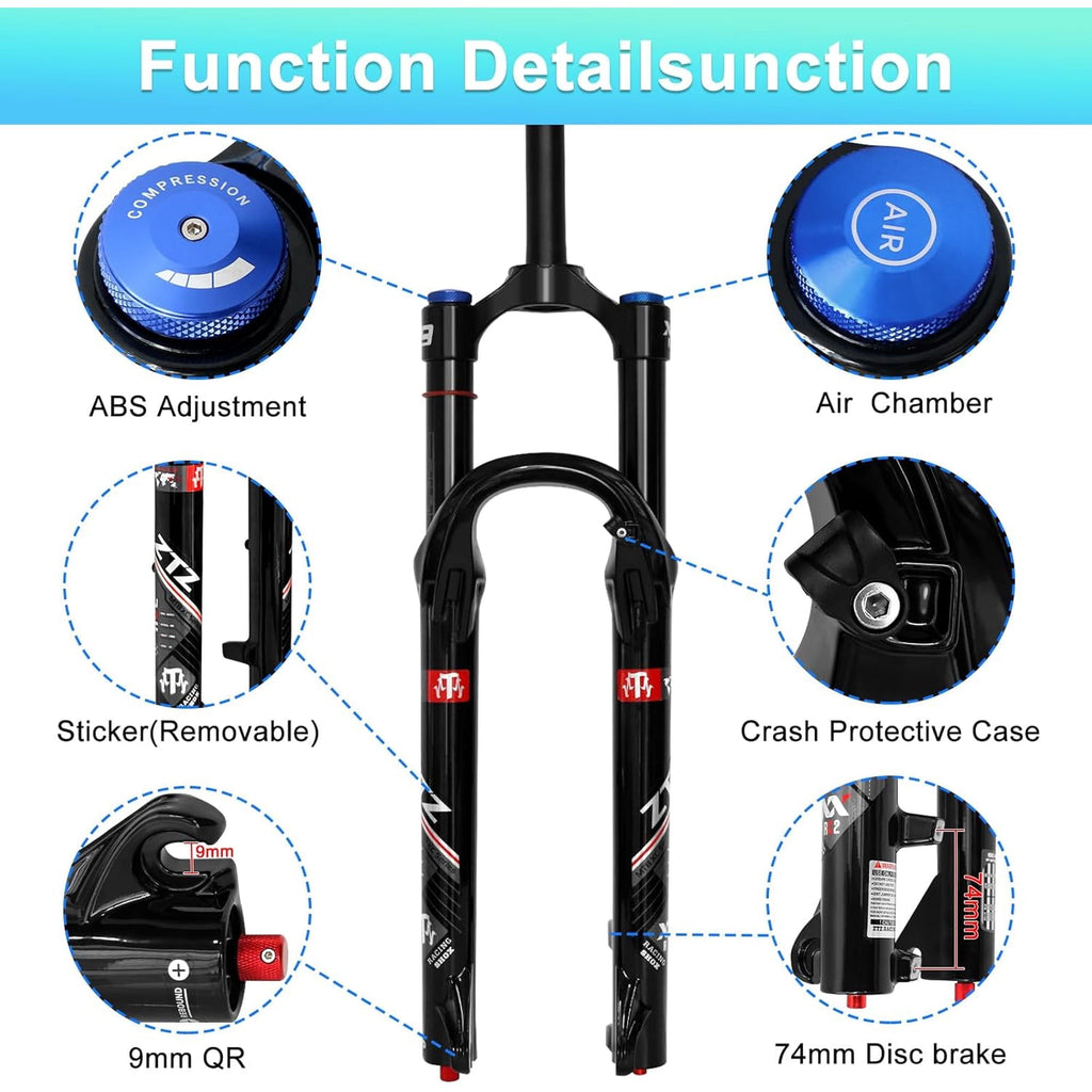ZTZ 26/27.5/29 inch MTB Air Suspension Fork, Upgraded 34mm Stanchions & 140mm Travel, Rebound Adjust, Straight Steerer, 9x100mm QR, Manual Lockout