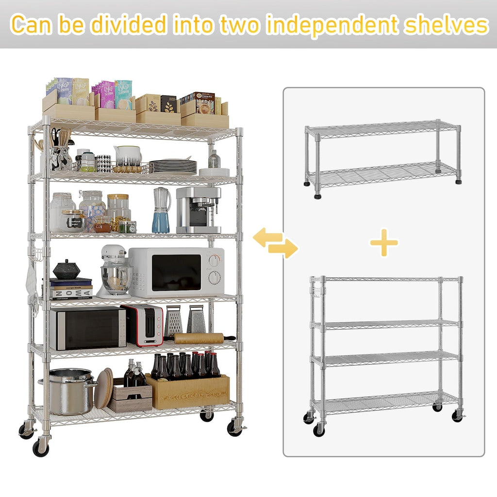 Ktaxon 6 Tier Wire Shelving with Wheels 2400lbs Capacity, Heavy Duty Storage Rack for Home Garage, 46"W x 18"D x 82"H Adjustable Shelves, Silver