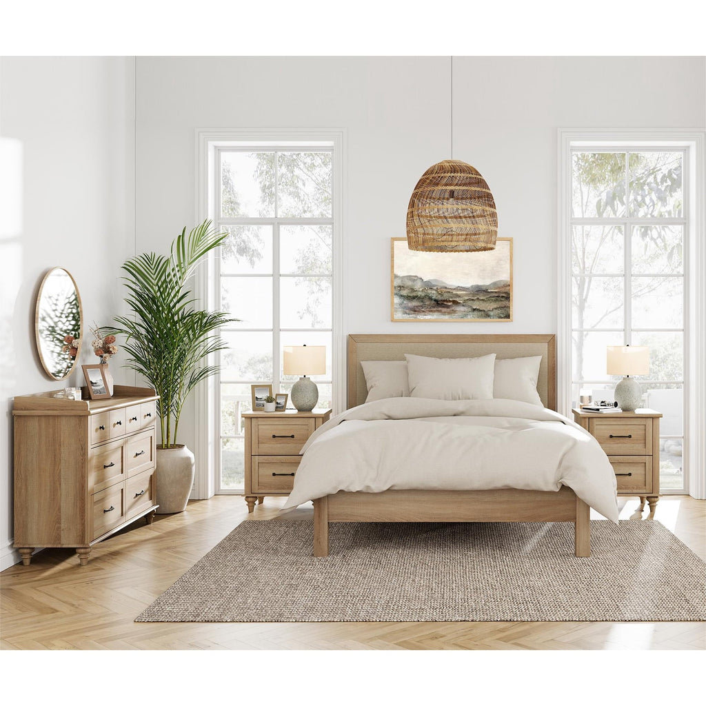 3 Piece Dresser and Nightstand Sets, Farmhouse Dresser with 6 Drawers, Set of 2 Night Stands with Charging Staion, 3 Piece Bedroom Set, Oak