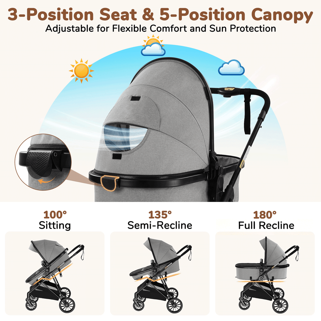 Vomeast Baby Stroller, Foldable Lightweight Travel Stroller, Reversible Seat, 5-Point Harness, Adjustable Canopy, Gray