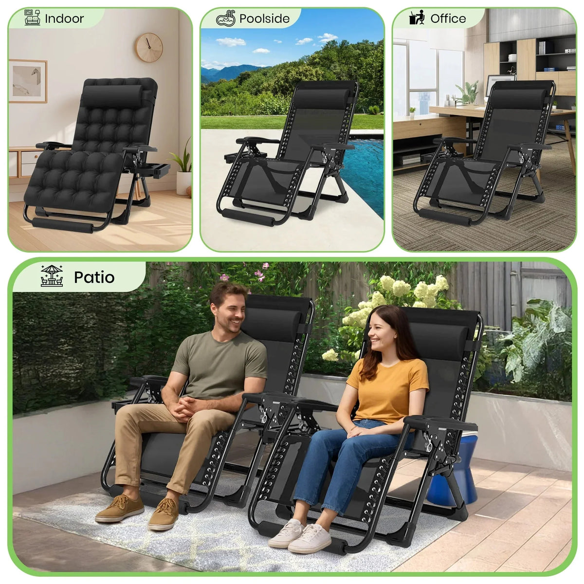 GVDV Zero Gravity Lounge Chair With Cushion And Cup Holder, 31 in D x 33 in W x 45 in H, Black