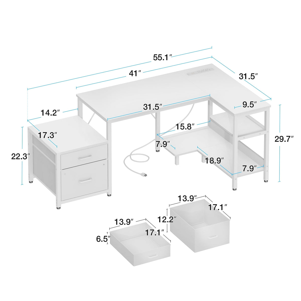 Casacomoda L Shaped Desk with Power Outlets, Large Computer Desk with File Drawer, Home Office Desk with Printer Stand & Storage Shelves, Corner Desk