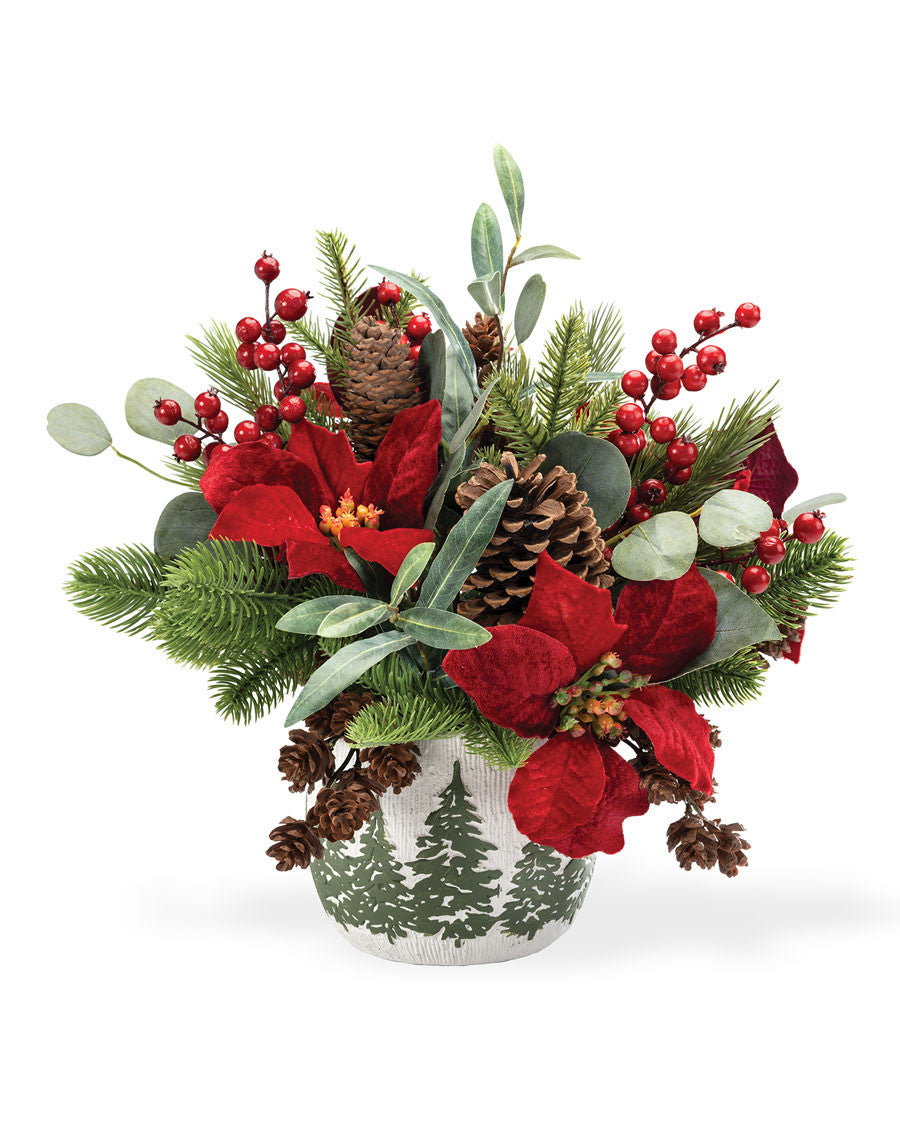Plush Velvet Poinsettia, Pine & Berries Artificial Christmas Bouquet