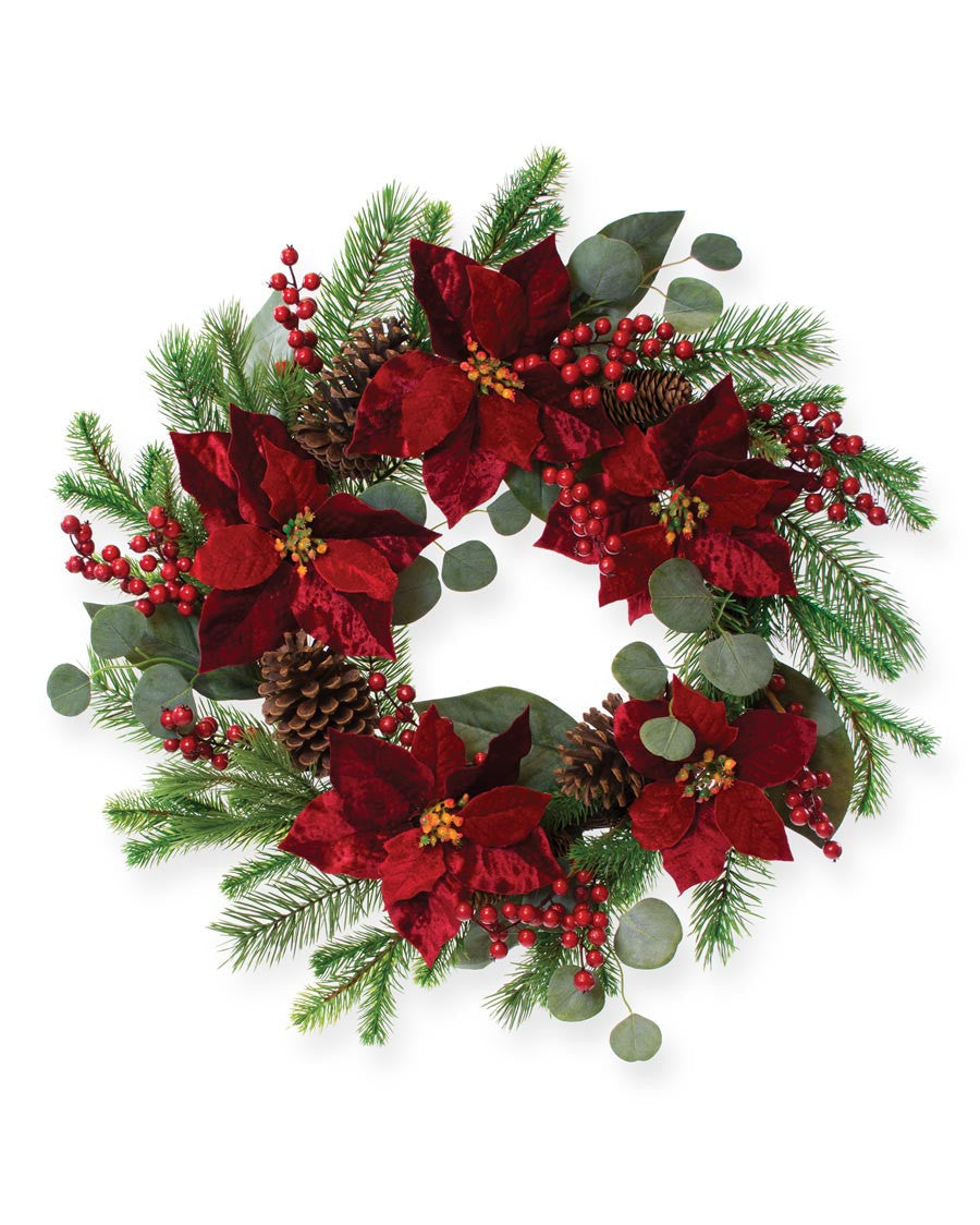 Plush Velvet Poinsettia, Pine & Berries Artificial Christmas Holiday Wreath