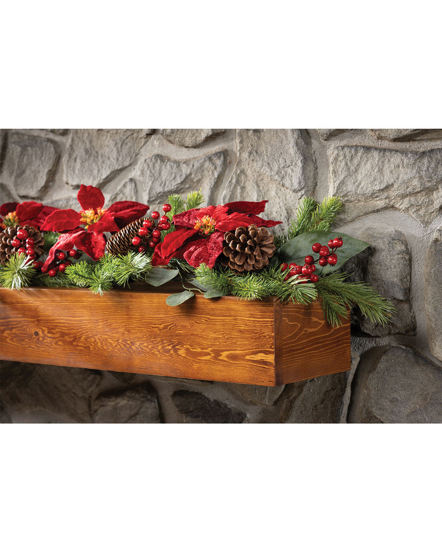 Plush Velvet Poinsettia, Pine & Berries Artificial Christmas Holiday Garland