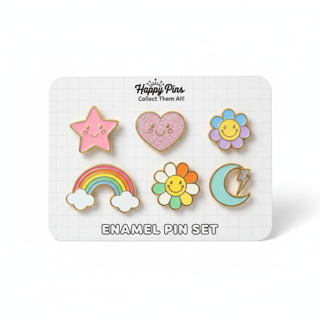 Set of 5 cute colorful enamel pins on display card
