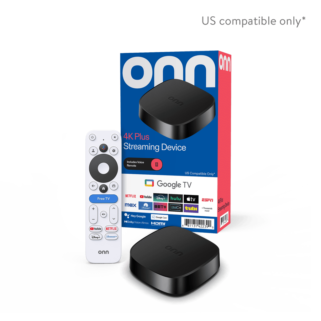 onn 4K Plus Streaming Device, Google TV - Ultra-fast Streaming, Stunning 4K UHD, 16GB Storage, 2GB RAM, Dolby Vision & Atmos, Remote with Voice