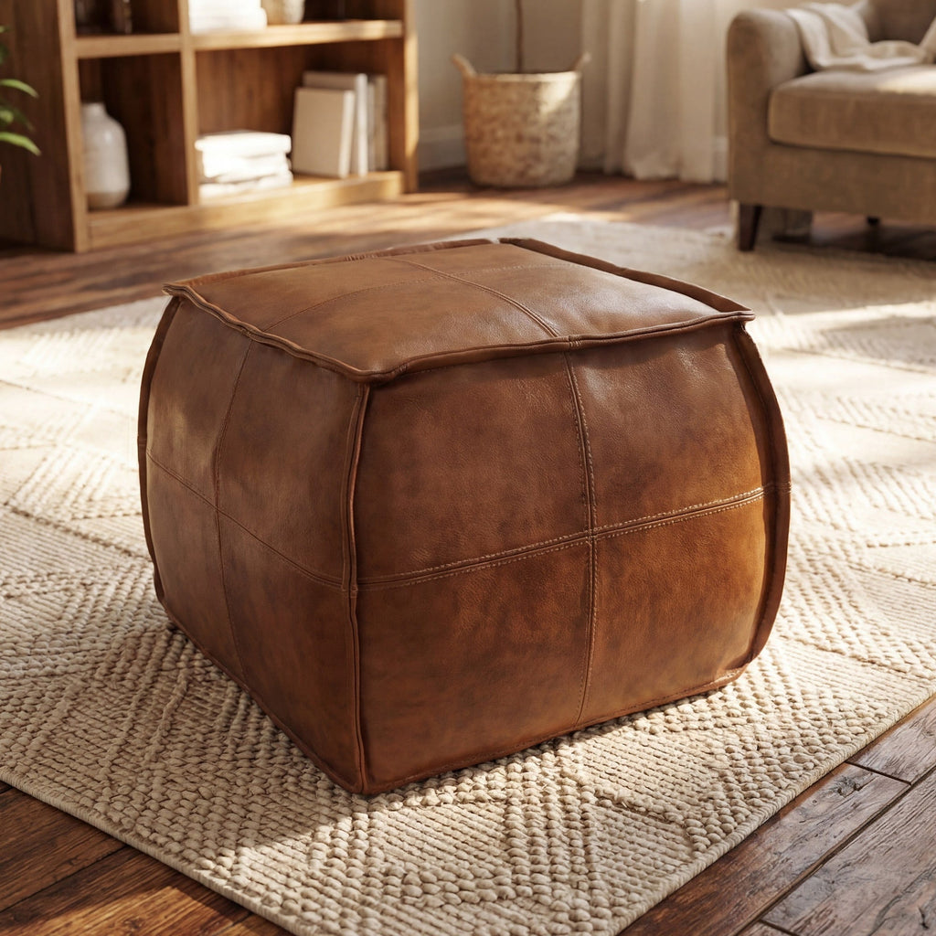 Poshby Genuine Leather Pouf Ottoman with Handmade Stuffed Foot Stool for Living Room&Bedroom, Brown