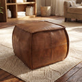 Poshby Genuine Leather Pouf Ottoman with Handmade Stuffed Foot Stool for Living Room&Bedroom, Brown